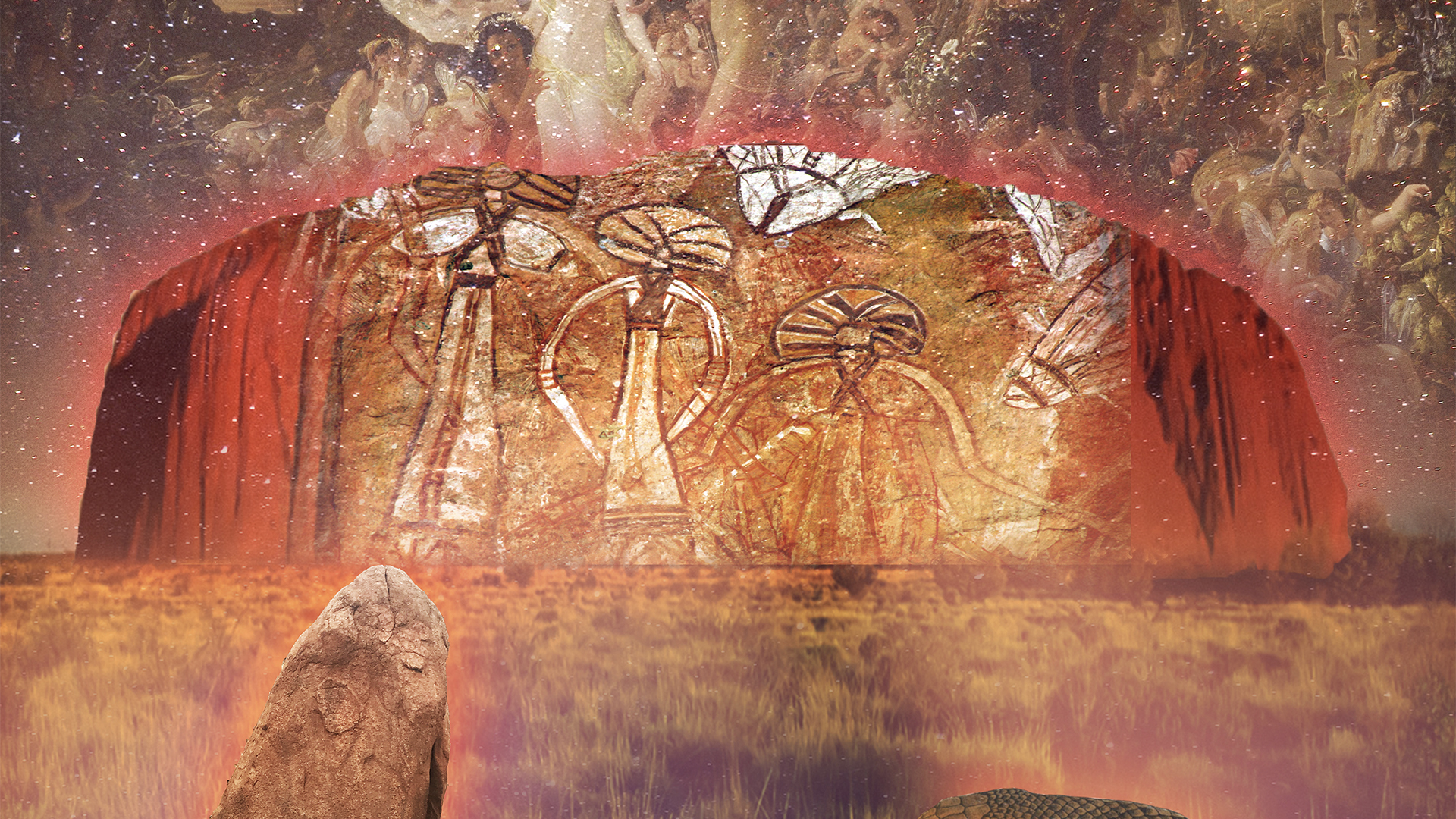 Uluru, Australia overlaid with aboriginal art to represent spiritual empowerment