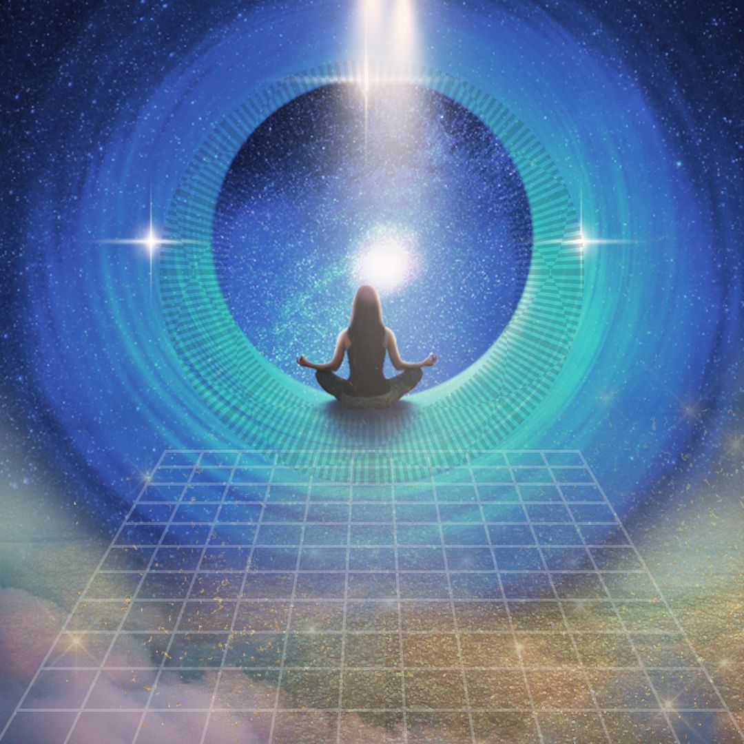 woman sitting in lotus position surrounded by blue light