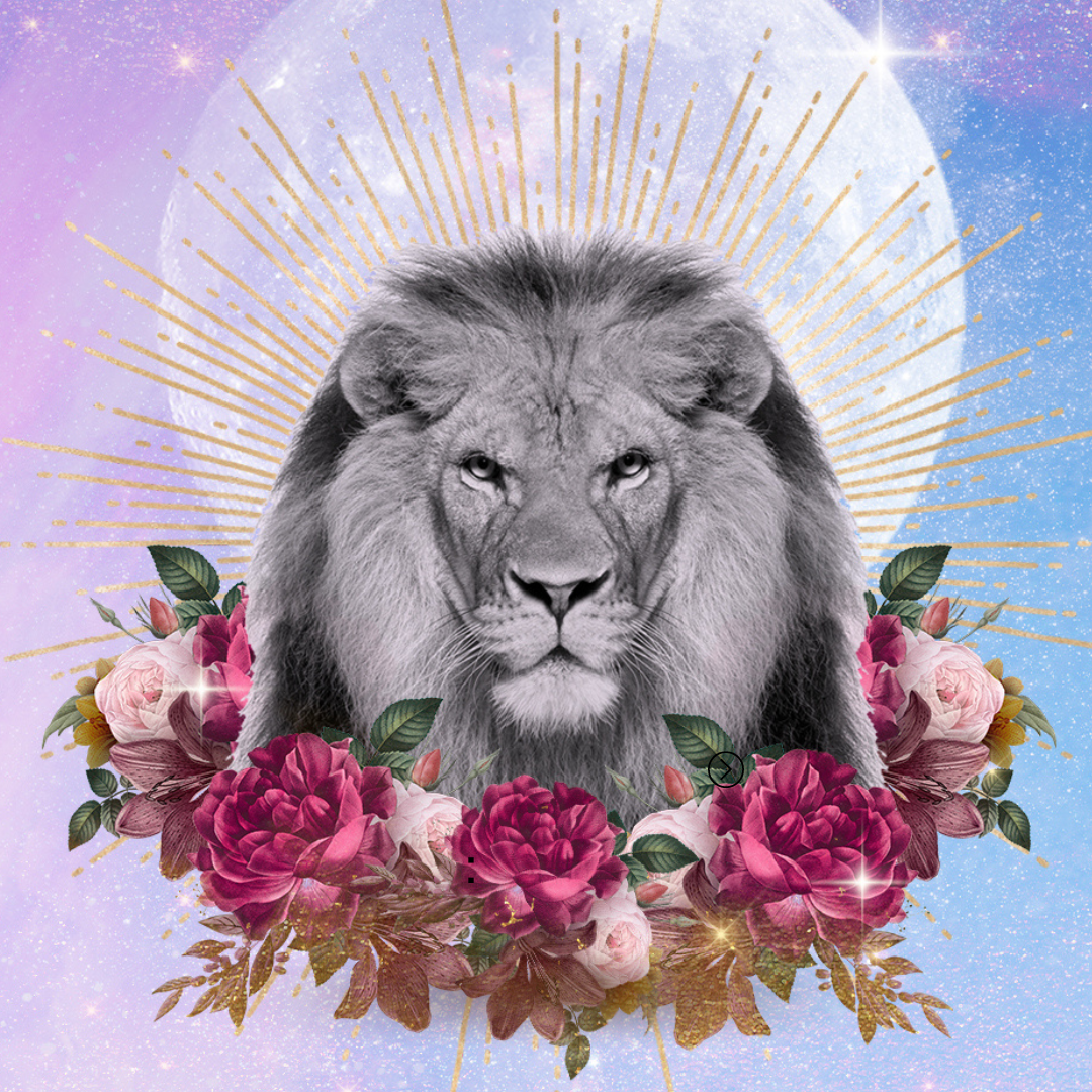 New Moon with Lions head, surrounded by roses
