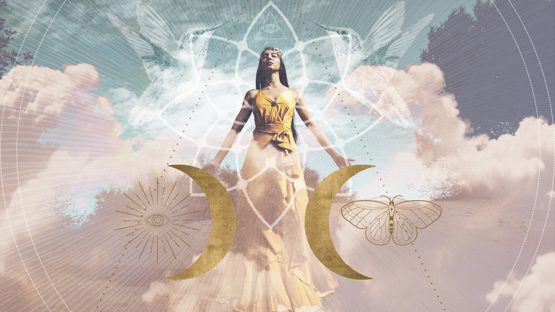 angelic woman with arms outstretched floating in peachy coloured clouds, with hummingbirds and butterflies around her